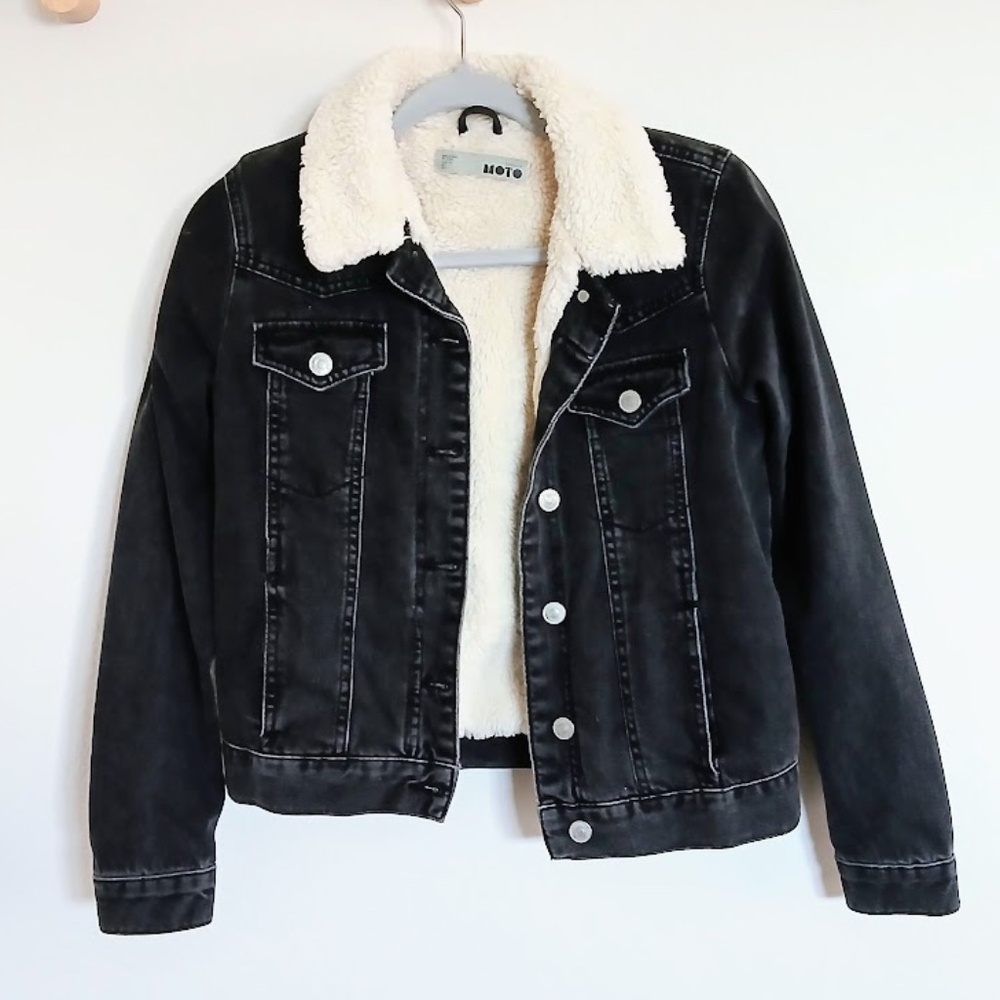 Topshop Black Denim Sherpa Moto Jacket - Picture 3 of 8